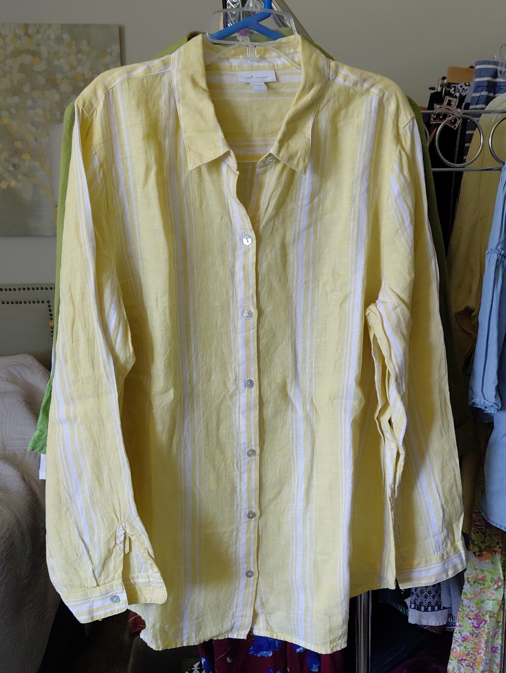 J. Jill Yellow and White Linen Striped Button-Down Shirt